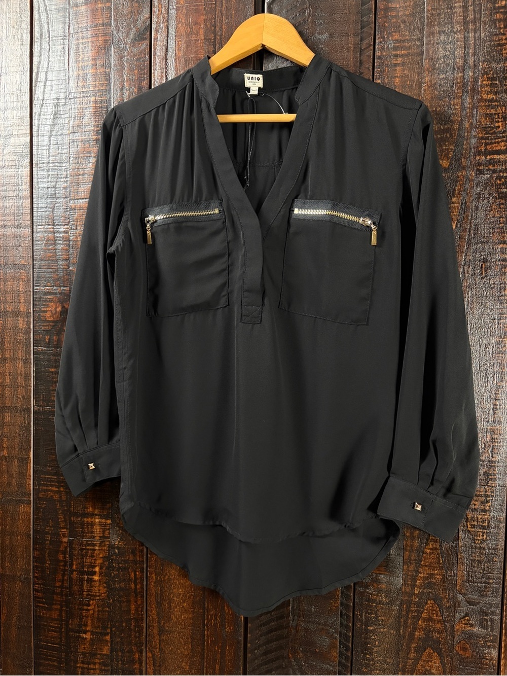 UNIQ Zip-Pocket Black Pullover Blouse NEW SMALL